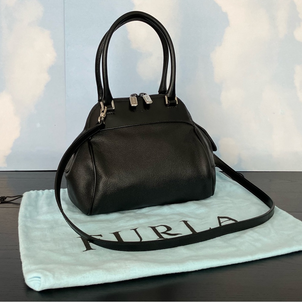 Furla Top Handle/Crossbody Pebbled Leather Black Purse, ID 248176
